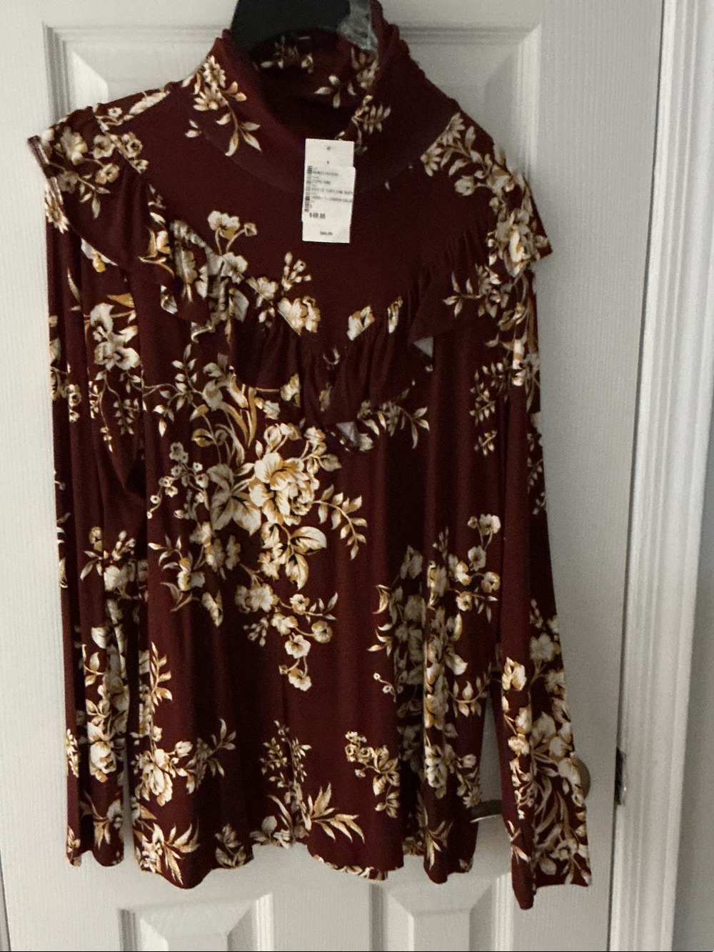 Ruffled High-Neck Floral Blouse in Burgundy and Cream